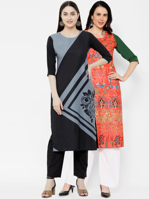 

7Threads Black Colourblocked Crepe Kurta Set of 2