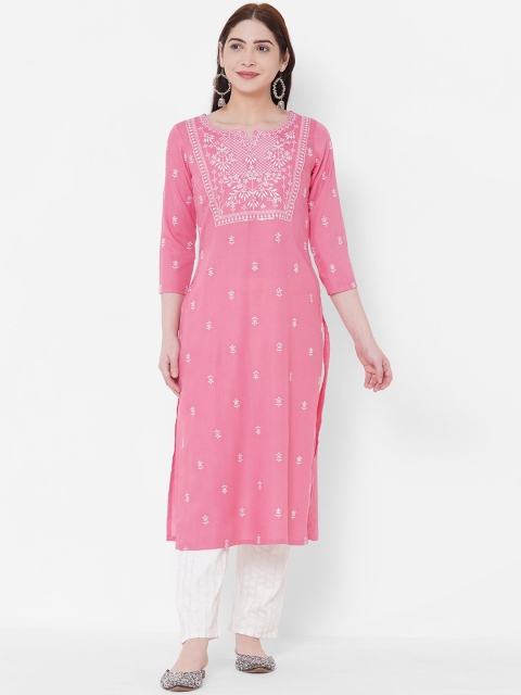 

FASHOR Women Pink Embroidered Straight Kurta