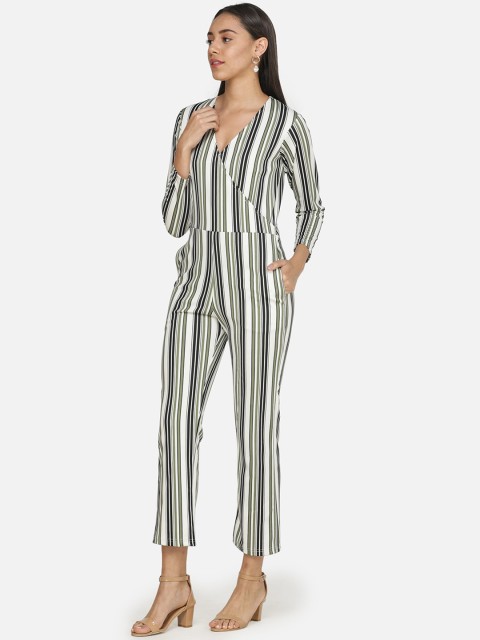 

DECHEN Women Olive Green & White Striped Basic Jumpsuit