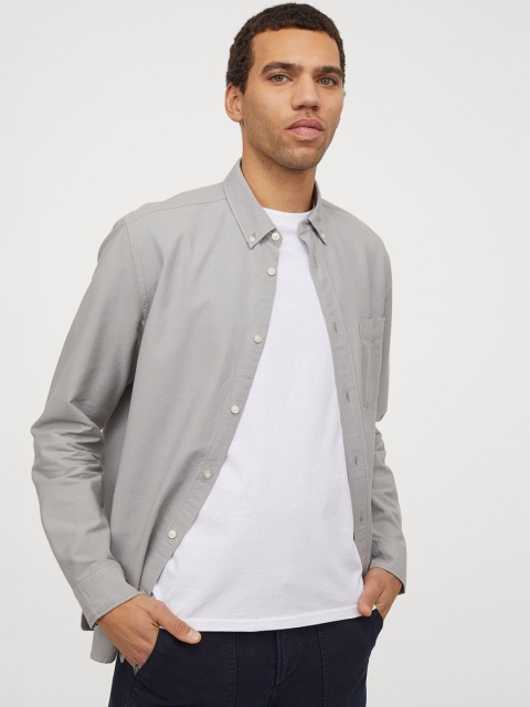 

H&M Men Grey Cotton Oxford Shirt Regular Fit
