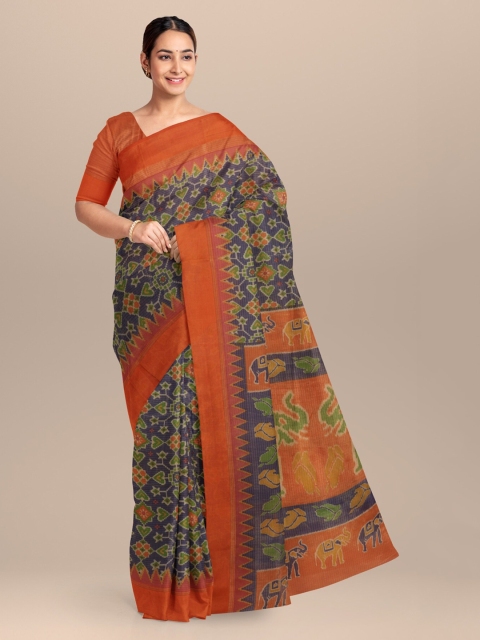 

KLM Fashion Mall Navy Blue & Orange Silk Blend Printed Saree