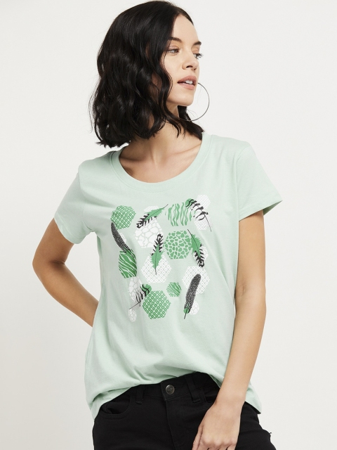 

max Women Green Printed Round Neck T-shirt