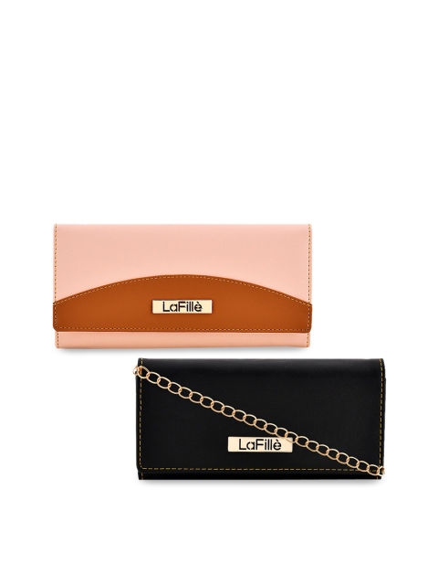 

LaFille Women Pack Of 2 Peach-Coloured & Black Solid Envelope Wallet