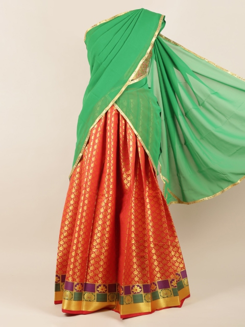 

Pothys Green & Fluorescent Green Poly Chiffon Printed Half Saree