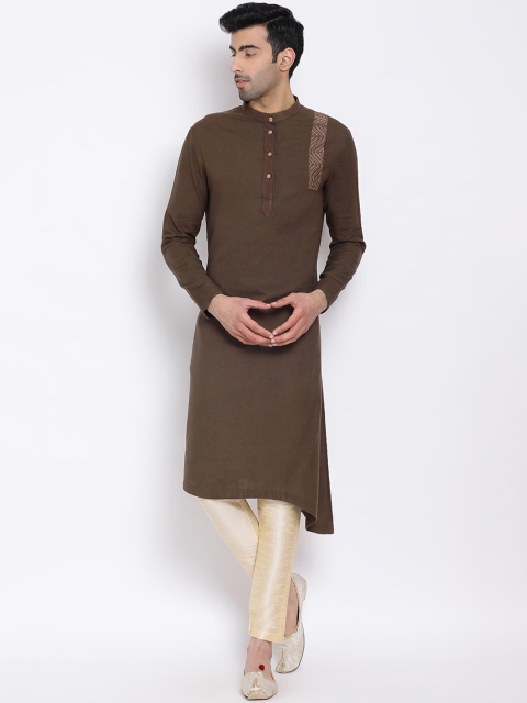 

DEVOILER Men Coffee Brown Solid Angrakha A-Line Kurta