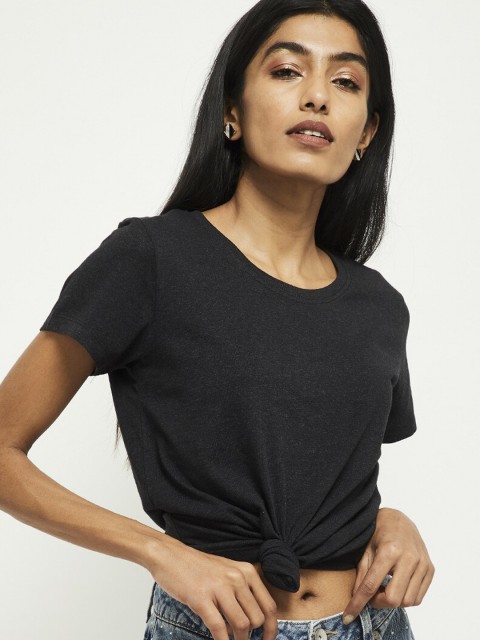 

max Women Charcoal Grey Printed Round Neck T-shirt