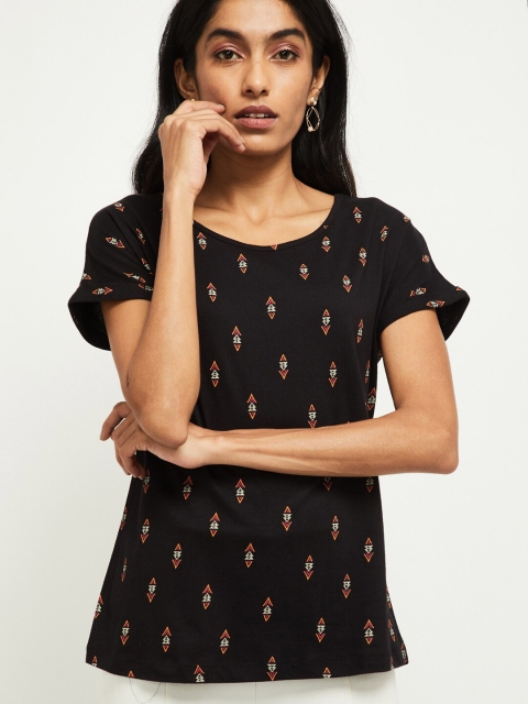 

max Women Black Printed Round Neck Pure Cotton T-shirt