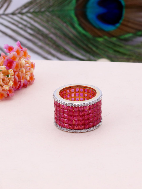 

Silvermerc Designs Sterling Silver Gold-Plated Pink & White CZ-Studded Handcrafted Finger Ring