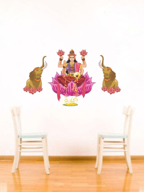 

rawpockets Pink & Red Goddess Laxmi With Elephant Wall Stickers