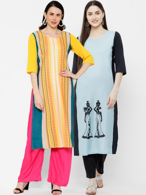 

7Threads Women's Crepe Multi Color Digital Print Straight Kurta Pack Of 2