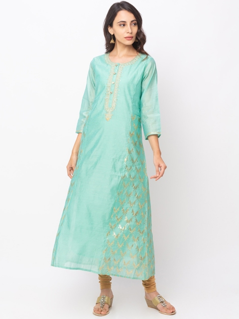 

Globus Women Turquoise Blue & Gold-Toned Embroidered A-Line Kurta