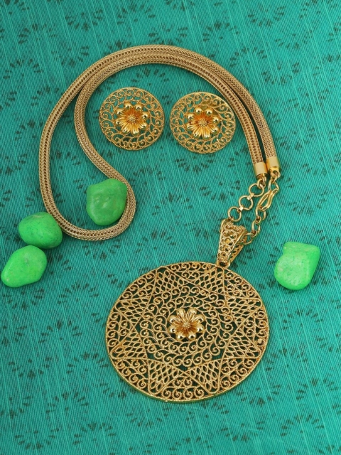 

Adwitiya Collection Women Gold Plated Circular Pendent Set with Earrings