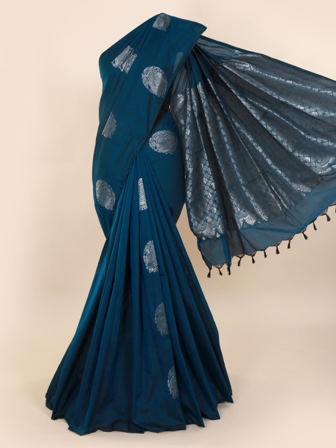 Pothys Navy Blue & Silver-Toned Silk Cotton Woven Design Saree