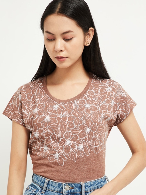 max Women Brown Printed Round Neck T-shirt
