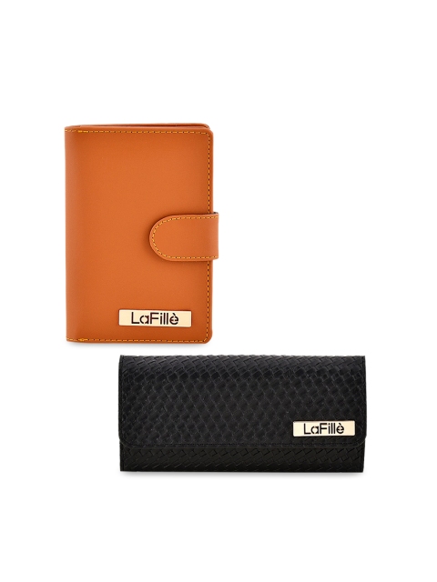 

LaFille Women Pack Of 2 Tan Brown & Black Textured Two Fold Wallet