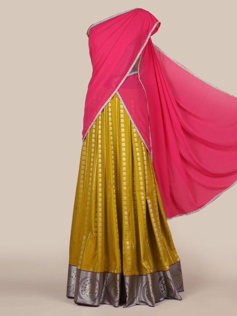 

Pothys Pink & Mustard Poly Chiffon Woven Design Lehenga Half Saree