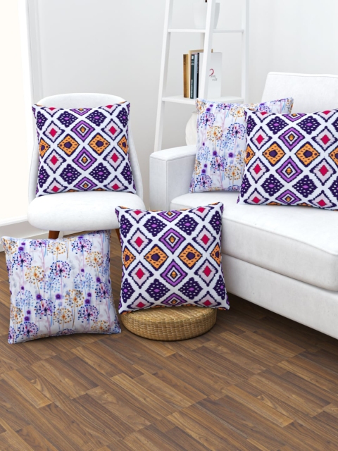 

SHIVANAA HOMES White & Purple Set of 5 Geometric Square Cushion Covers