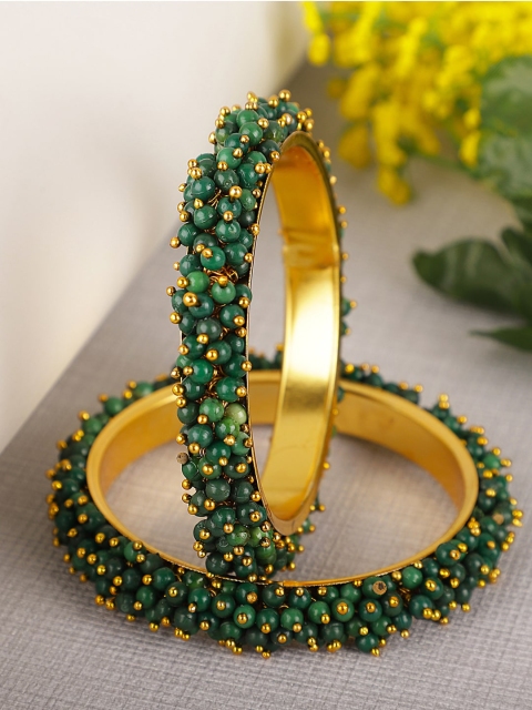 

Shining Diva Set of 2 Gold-Plated Green Beaded Antique Bangles