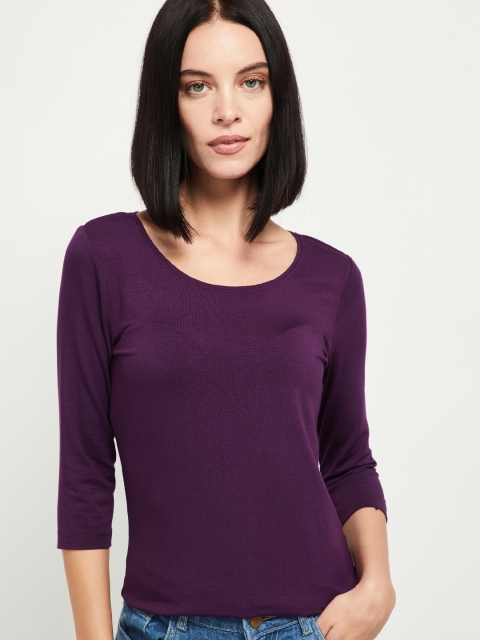 

max Women Purple Solid Round Neck T-shirt