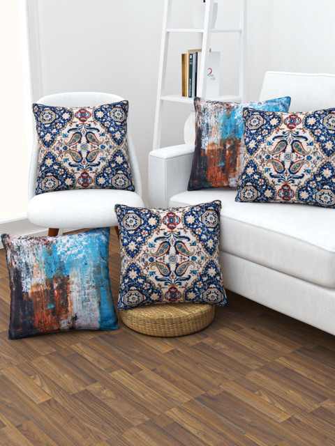 

SHIVANAA HOMES Cream-Coloured & Blue Set of 5 Ethnic Motifs Square Cushion Covers