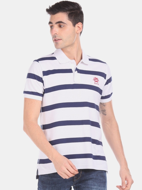

U.S. Polo Assn. Men White Blue Striped Polo Collar Pure Cotton T-shirt