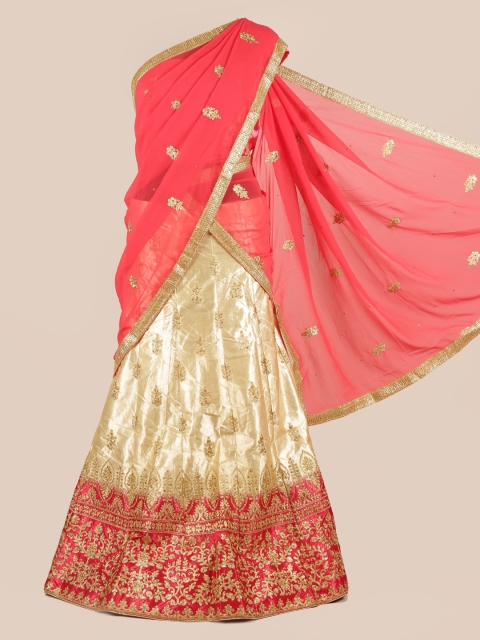

Pothys Pink & Beige Poly Chiffon Embroidered Half Saree