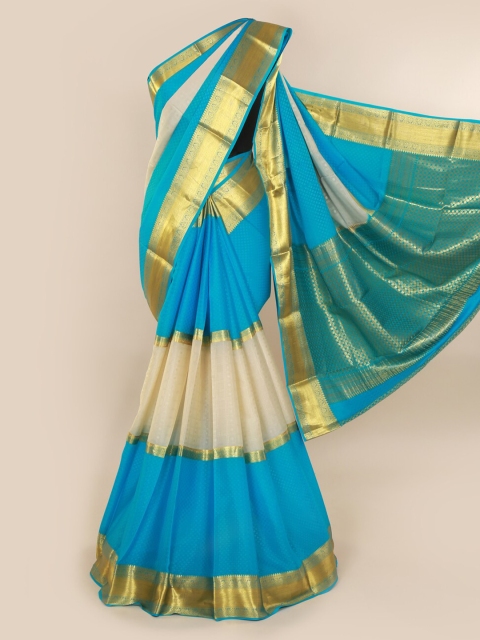 

Pothys Blue & Cream-Coloured Pure Silk Colourblocked Mysore Silk Saree