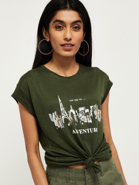 

max Women Green Printed Round Neck T-shirt
