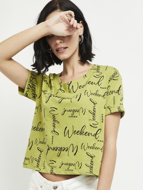 

max Women Green Printed V-Neck T-shirt