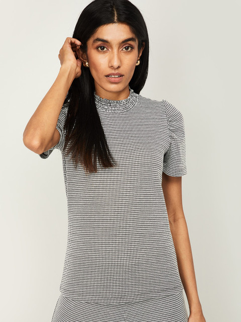 

CODE by Lifestyle Black & White Checked Puff Sleeves Monochrome Top