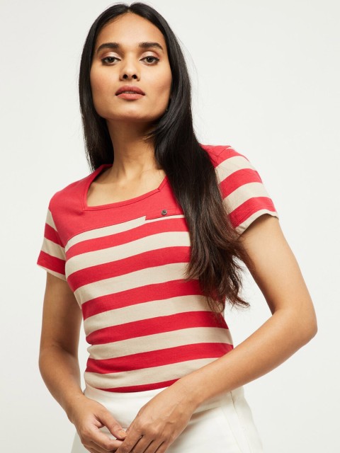 

max Women Coral Red Striped Round Neck Pure Cotton T-shirt