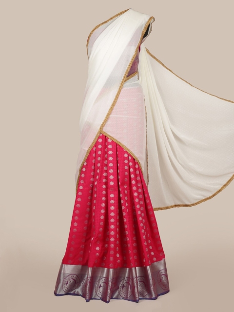 

Pothys White & Pink Poly Chiffon Woven Design Lehenga Saree