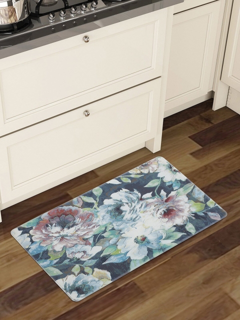 

OBSESSIONS Blue & Red Floral Printed Anti-Skid Kitchen Mat