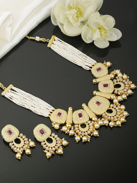 

Priyaasi Gold-Plated Yellow & White Pearl Embellished Handcrafted Jewellery Set