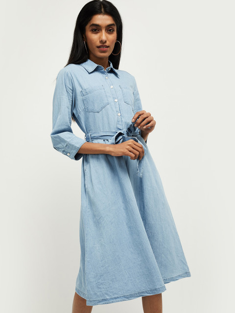 

max Women Blue Solid Cotton Shirt Dress