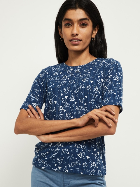 

max Women Blue Printed Round Neck T-shirt