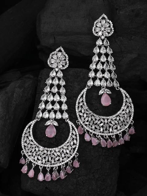 Adwitiya Collection Silver-Toned & Off-White Rhodium Plated CZ Crescent Shaped Chandbalis