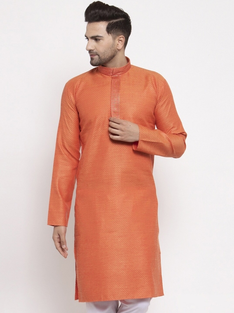 

Jompers Men Orange Woven Design Straight Kurta