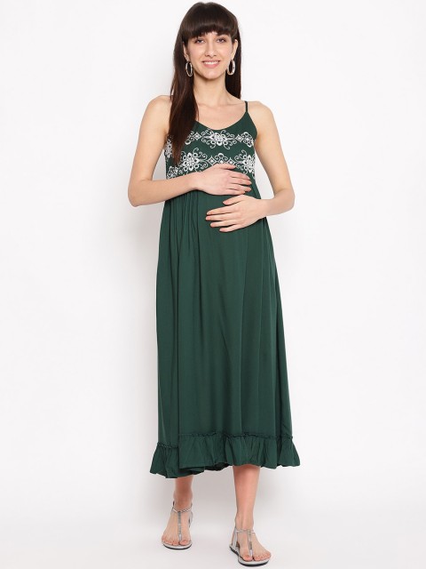 

The Vanca Women Green Printed Maternity A-Line Dress