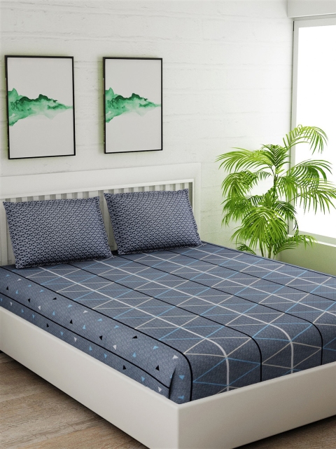 

Salona Bichona Grey & Blue Geometric 144 TC Cotton 1 Queen Bedsheet with 2 Pillow Covers