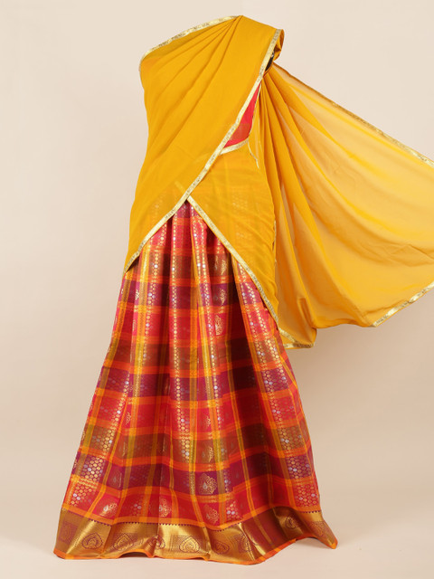 

Pothys Yellow & Red Poly Chiffon Checked Half Saree