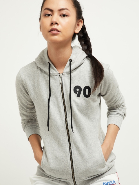 

max Women Grey Melange & Black Printed Hooded Sweatshirt