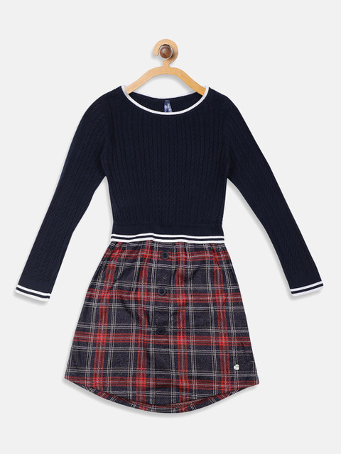 

Blue Giraffe Girls Navy Blue Checked Fit and Flare Dress