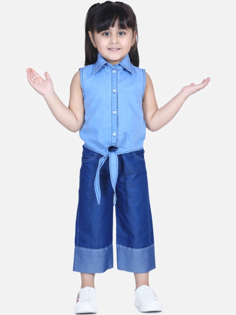 

AWW HUNNIE Girls Blue Solid Shirt with Denim Culottes
