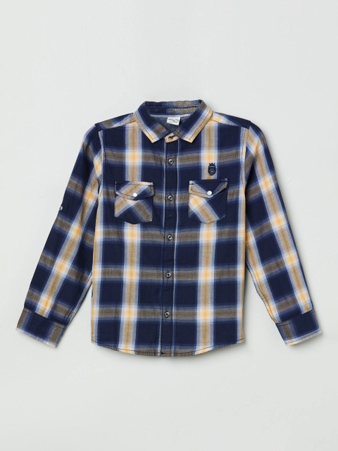 

max Boys Blue & Yellow Regular Fit Checked Cotton Casual Shirt