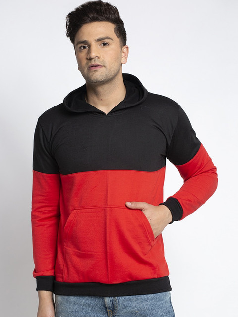 

KATSO Men Black & Red Colourblocked Hooded Sweatshirt