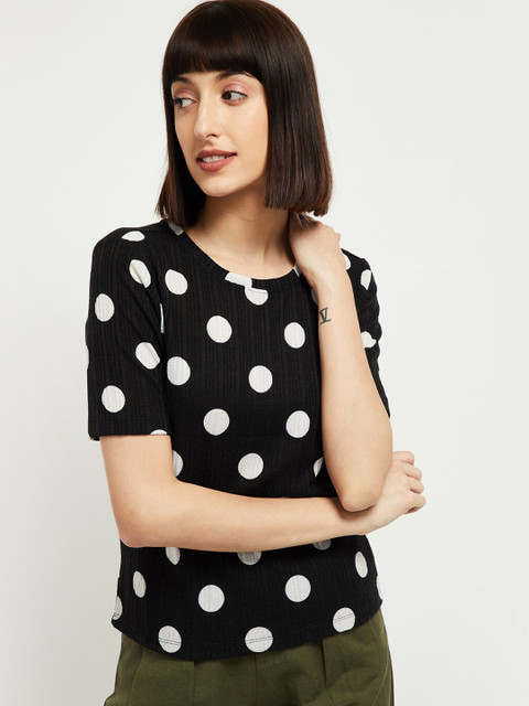 

max Women Black & White Polka Dots Print T-shirt