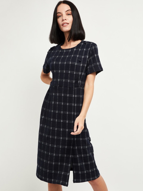 

max Women Navy Blue & White Checked A-Line Dress
