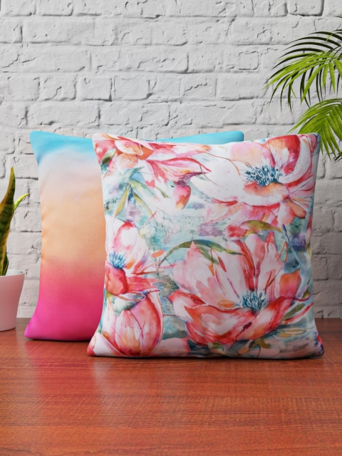 SHIVANAA HOMES Set of 2 Off-White & Pink Floral Square Cushion Covers