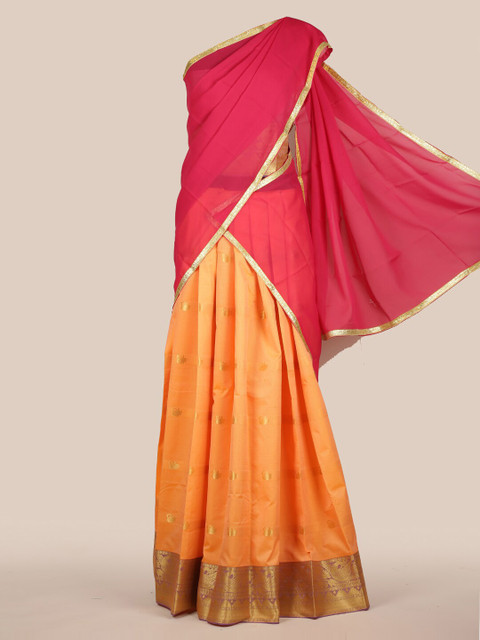 

Pothys Pink Woven Design Poly Chiffon Half Saree